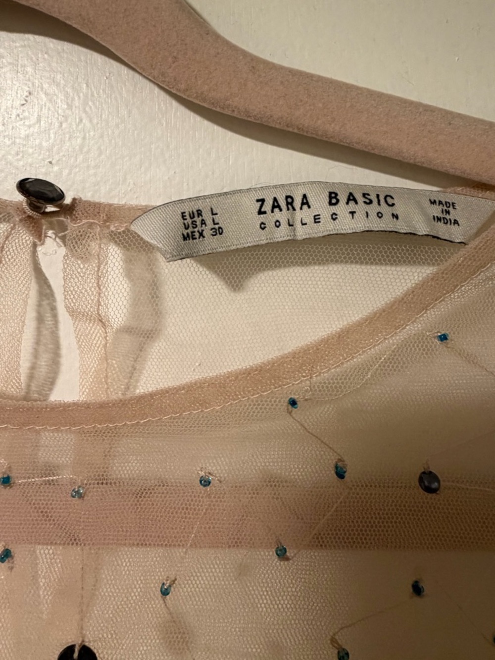 Zara Tulle Blouse featuring multi-colored jewel and bead appliqués. Size L - Picture 6 of 10